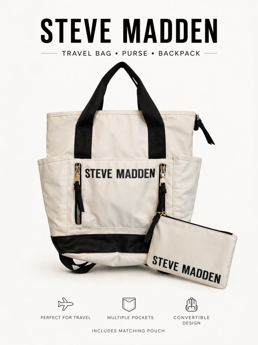 Steve Madden Travel Backpack Convertible Tote Cream Black NWT w/ Pouch - Picture 11 of 12